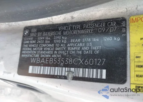 2008 BMW 650I из США, поврежденный, VIN WBAEB53538CX60127